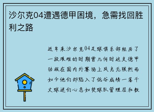 沙尔克04遭遇德甲困境，急需找回胜利之路